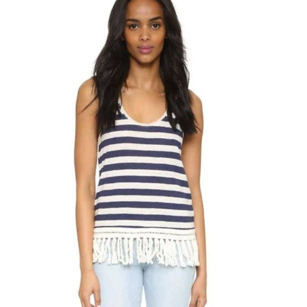 Scotch and Soda Blue Striped Linen Fringe Tank Top